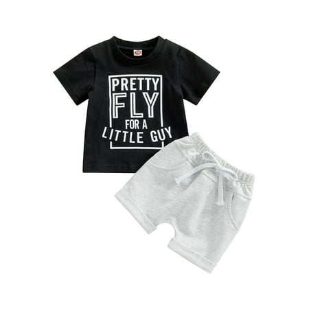 

Qtinghua Infant Toddler Baby Boy Summer Clothes Letter Print Short Sleeve T-Shirt and Shorts 2Pcs Outfits Black 18-24 Months