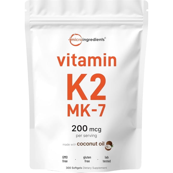 Vitamin K2 MK-7 Supplement, 200 mcg Per Serving, 300 Coconut Oil Softgles | Immune, Joint, & Heart Support | Non-GMO