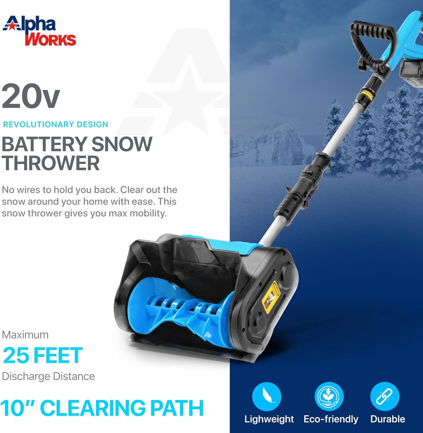AlphaWorks 20V 2Ah Powered Snow Thrower & Shovel - Portable