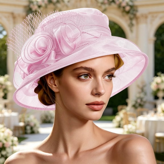 qelini Wide Brim Sun Hats for Women Plus Size Mesh Decor Vintage Formal Party Dress Cap Outdoor Travel Party Sun Shade Cap