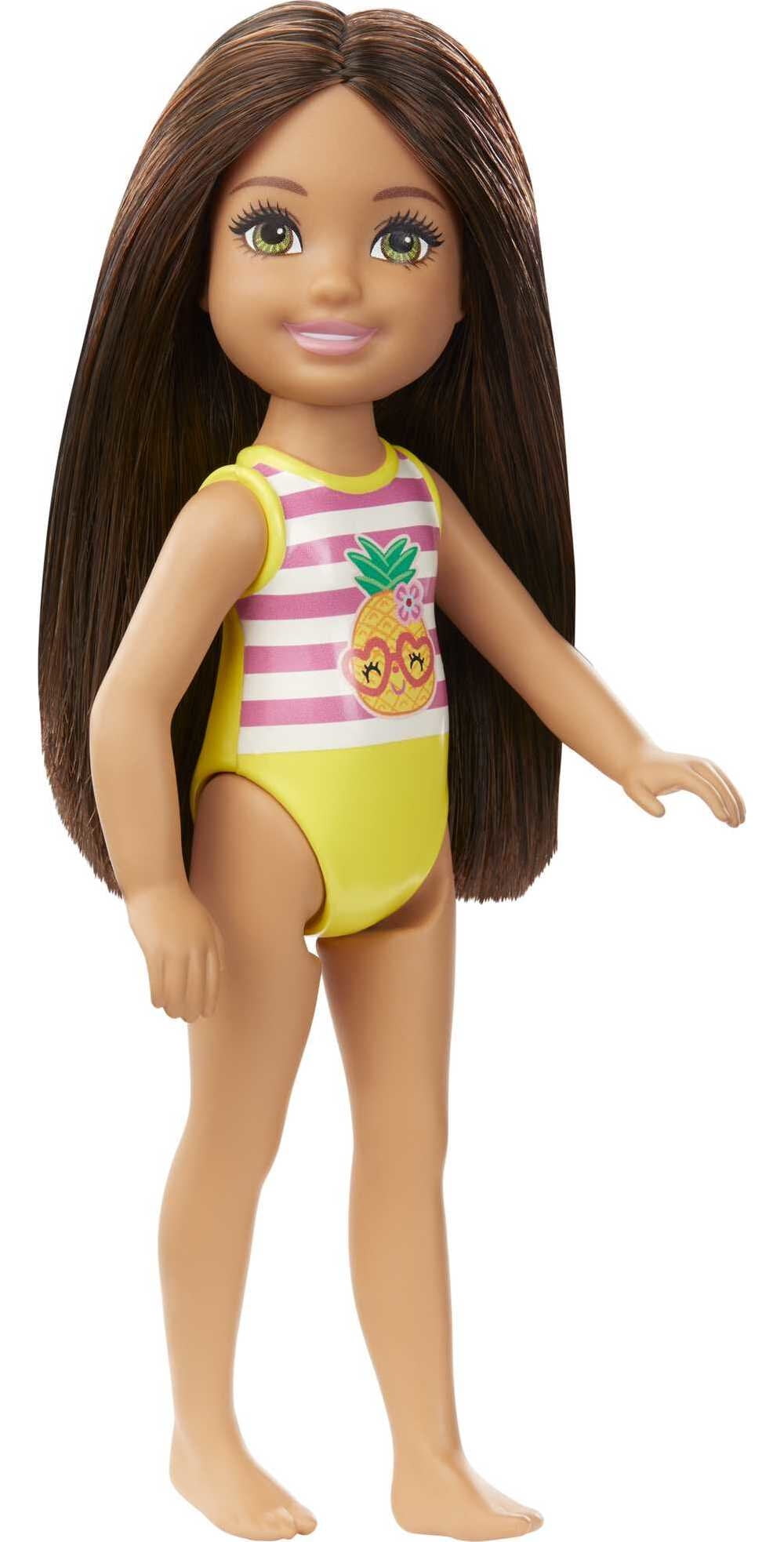 Barbie Club Chelsea Doll, Small Doll with Long Brown Hair, Green Eyes & Pineapple-Graphic Swimsuit