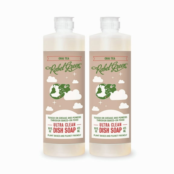 Rebel Green Super Deluxe Dish Soap - Natural Dishwashing Soap - Liquid Dish Detergent - Sustainable Dish Liquid Scented with Chai Tea - (16oz 2-Pack)