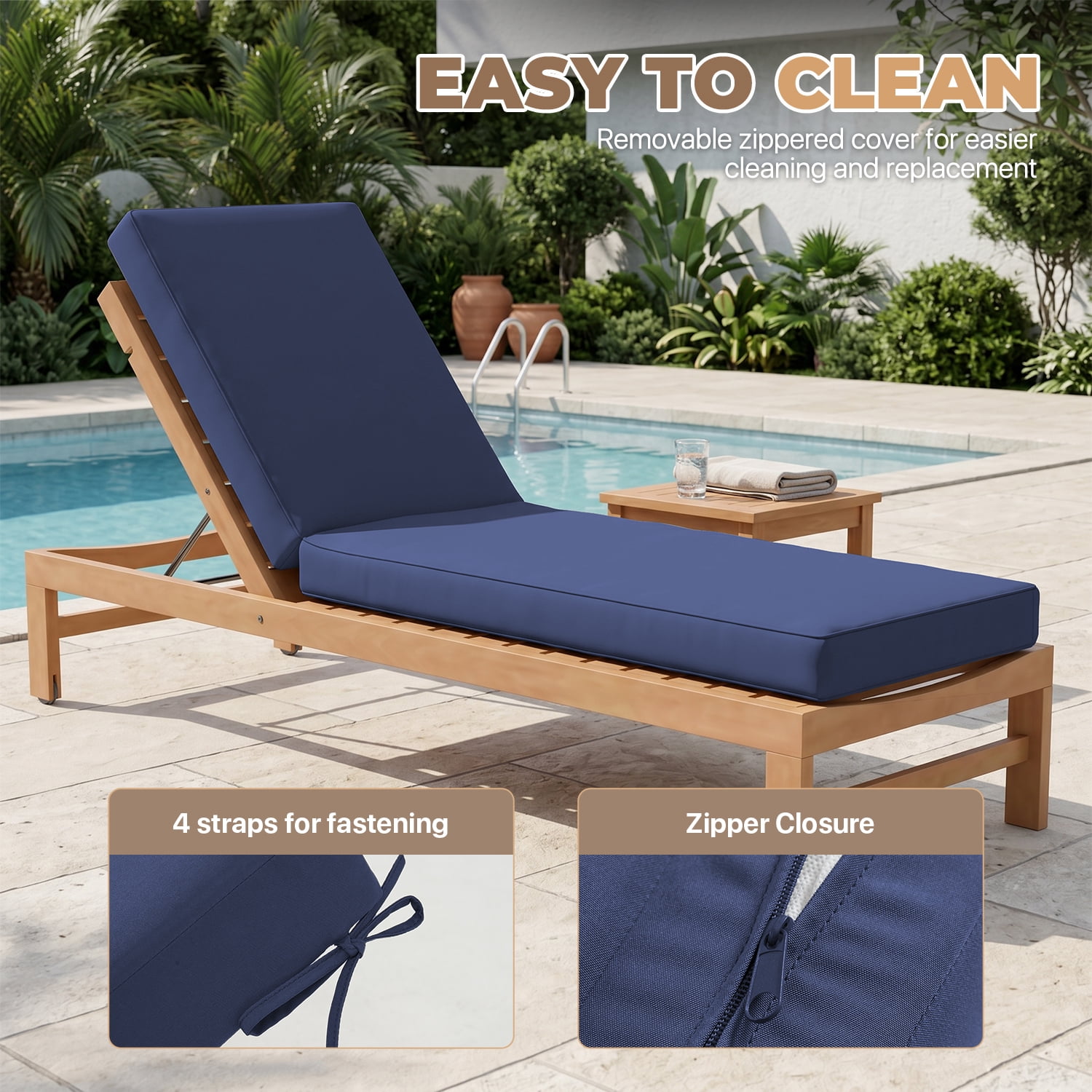 BaPiPro Navy Outdoor Chaise Lounge Cushion, Waterproof Patio Lounge Chair Pad with High-Density Foam, Removable Cover & Secure Ties for Poolside, Garden & Patio