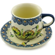 Polish Pottery 2 oz Espresso Cup with Saucer (Yellow Dandelions Theme) Hand Painted in Boleslawiec, Poland   Certificate of Authenticity