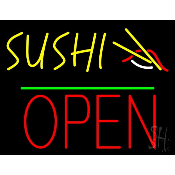 Sushi Block Open Green Line LED Neon Sign 15 x 19 - inches, Clear Edge Cut Acrylic Backing, with Dimmer - Bright and Premium built indoor LED Neon Sign for restaurant window and interior decor.