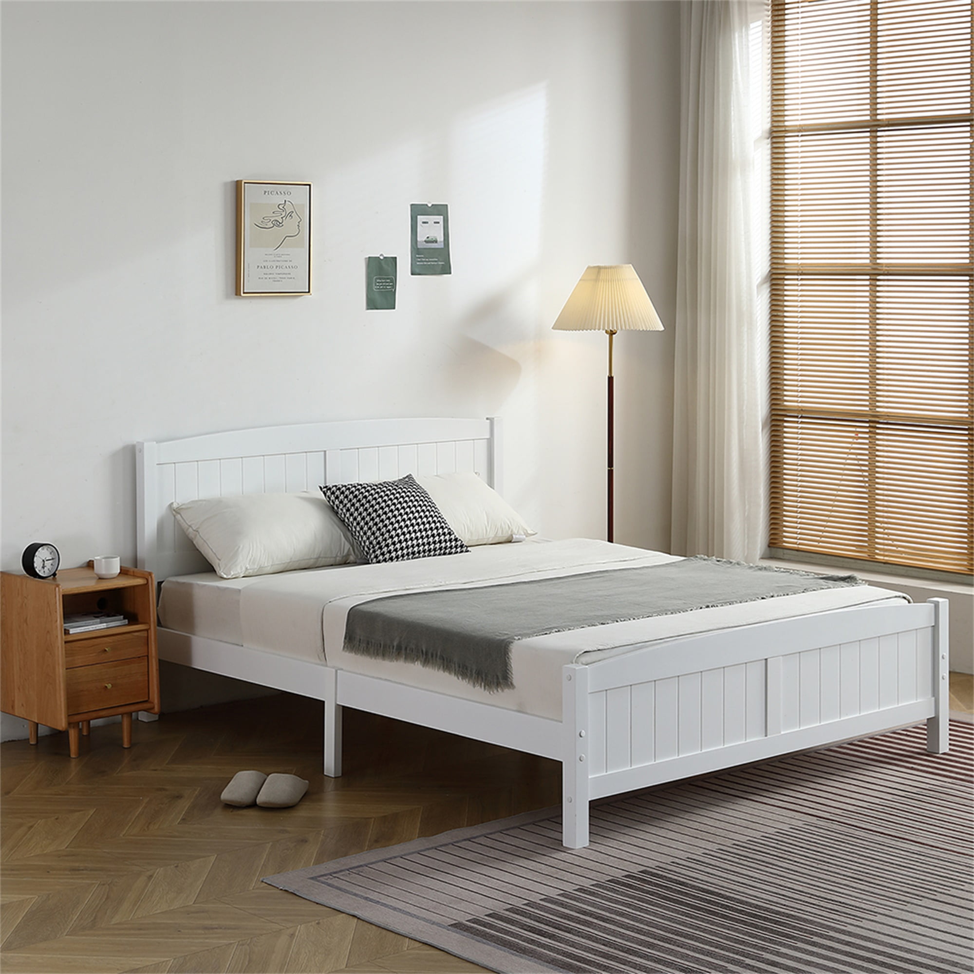 Kepooman Queen Size Bed Frame, Solid Wood Headboard, Queen Size Vertical Bed with Slat Supports, Queen Size Platform Bed Frame, White Kepooman Queen Size Bed Frame, Solid Wood Headboard, Queen Size Vertical Bed with Slat Supports, Queen Size Platform Bed Frame, White