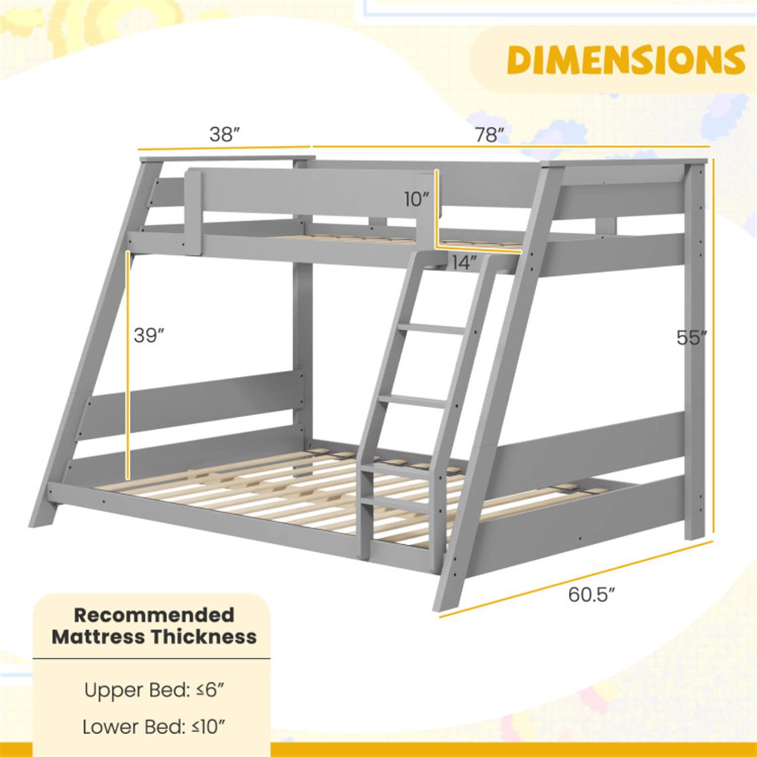 Demi Bonn Twin Over Full Low Bunk Bed with Reversible Ladder, Solid Wood Floor Bunkbeds Frame for Bedroom, No Box Spring Needed, Gray