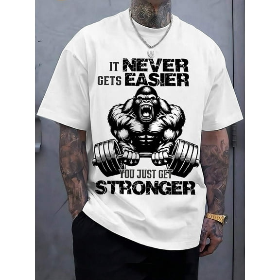 Men's 100% Cotton 180gsm Gym T-Shirt - Bold Gorilla Lifting Graphic & "Never Get Easier" Motivational Quote Design, Breathable Workout Shirt for Strength Training, Casual Athletic Wear, Machine