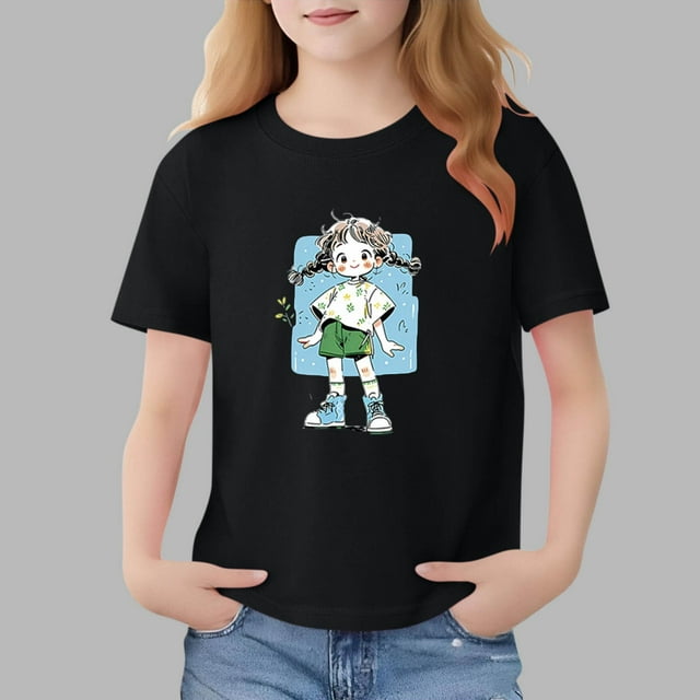 Blusas y camisas de manga corta con cuello redondo para niños Camiseta de verano de manga corta estampada para niñas Jersey elegante de cuello redondo para niñas Top de algodón para niños