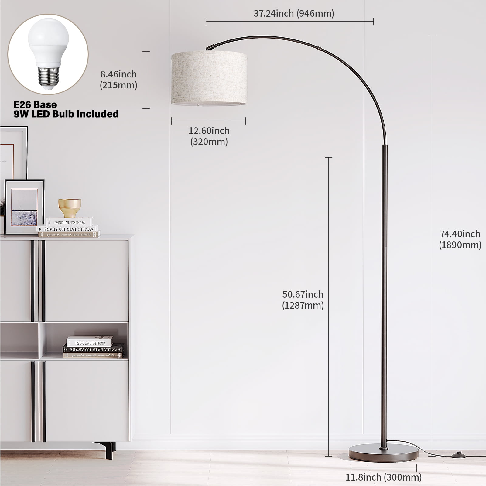 SUNMORY 75″ Arc/Arched Floor Lamp, Modern Floor Lamp with 9w LED Bulb & 3 Color Temperature, Tall Standing Lamps with Hanging Linen Drum Shade & Weighted Base for Bedroom, Living Room, Study Room