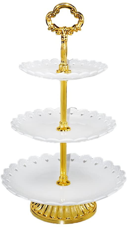 3-tier White Plastic Dessert Stand Pastry Stand Cake Stand Cupcake Stand Holder with Base Serving Platter for Party Wedding Home Decor Gold 