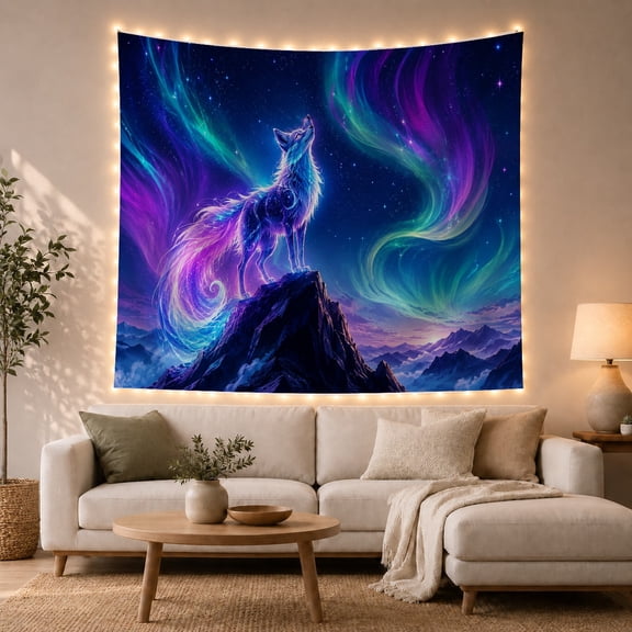 Wolf Howling on Mountain Under Aurora, Mystical Fantasy for Nature Lovers, Wildlife Wall Art Decor, Housewarming Gift, Tapestry Wall Hanging for Bedroom and Living Room
