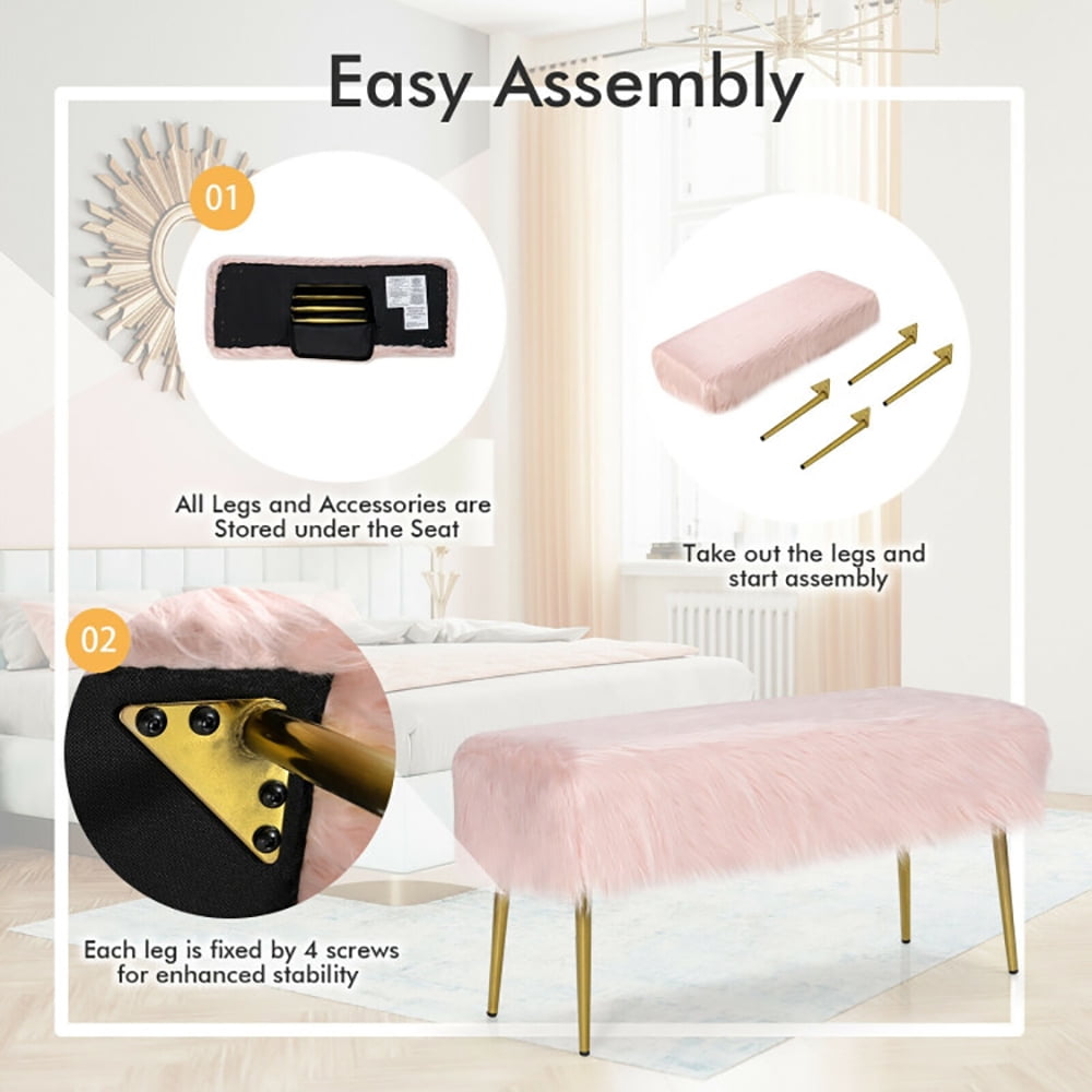 Finihen Upholstered Faux Fur Vanity Stool Chair, Footstool Ottoman, Vanity Stool with Golden Metal Legs, Decorative Furniture Footrest, for Makeup Room, Living Room, Bedroom, Pink