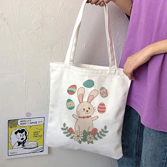 Apmemiss Easter Bunny Basket Bags for Kids,Canvas Cotton Personalized Candy Basket Rabbit