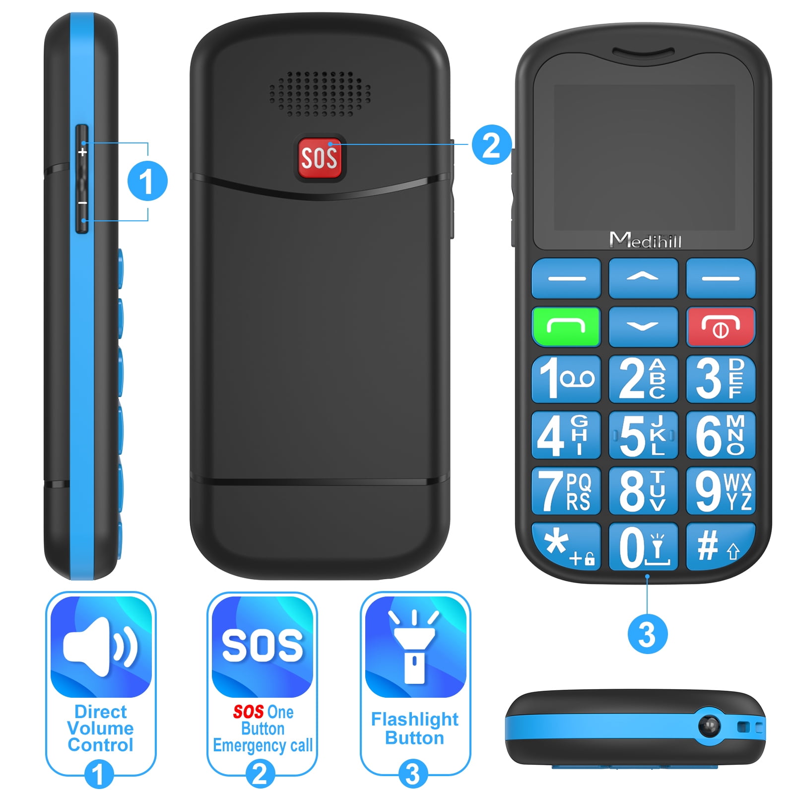 Big Button Mobile Cell Phone SOS for Elderly Senior with Base (Blue) - Medihill