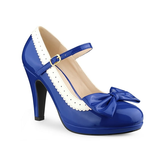 BLISSFUL STEP Women's Mary Jane Pumps Ankle Strap Bow Decor Closed Toe Stiletto Heels Royal Blue 8