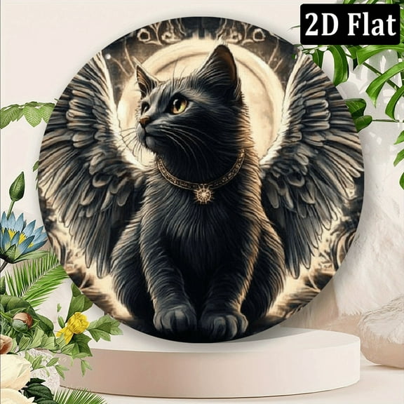 2D Flat, 1pc Retro Metal Circular Aluminum Wall Art - Black Cat Angel Wing Celestial Design, Vintage Home Decor for Bedroom, Cafe, Bar, Garage - Easy to Install No Electricity Needed, Bar 8*8inch