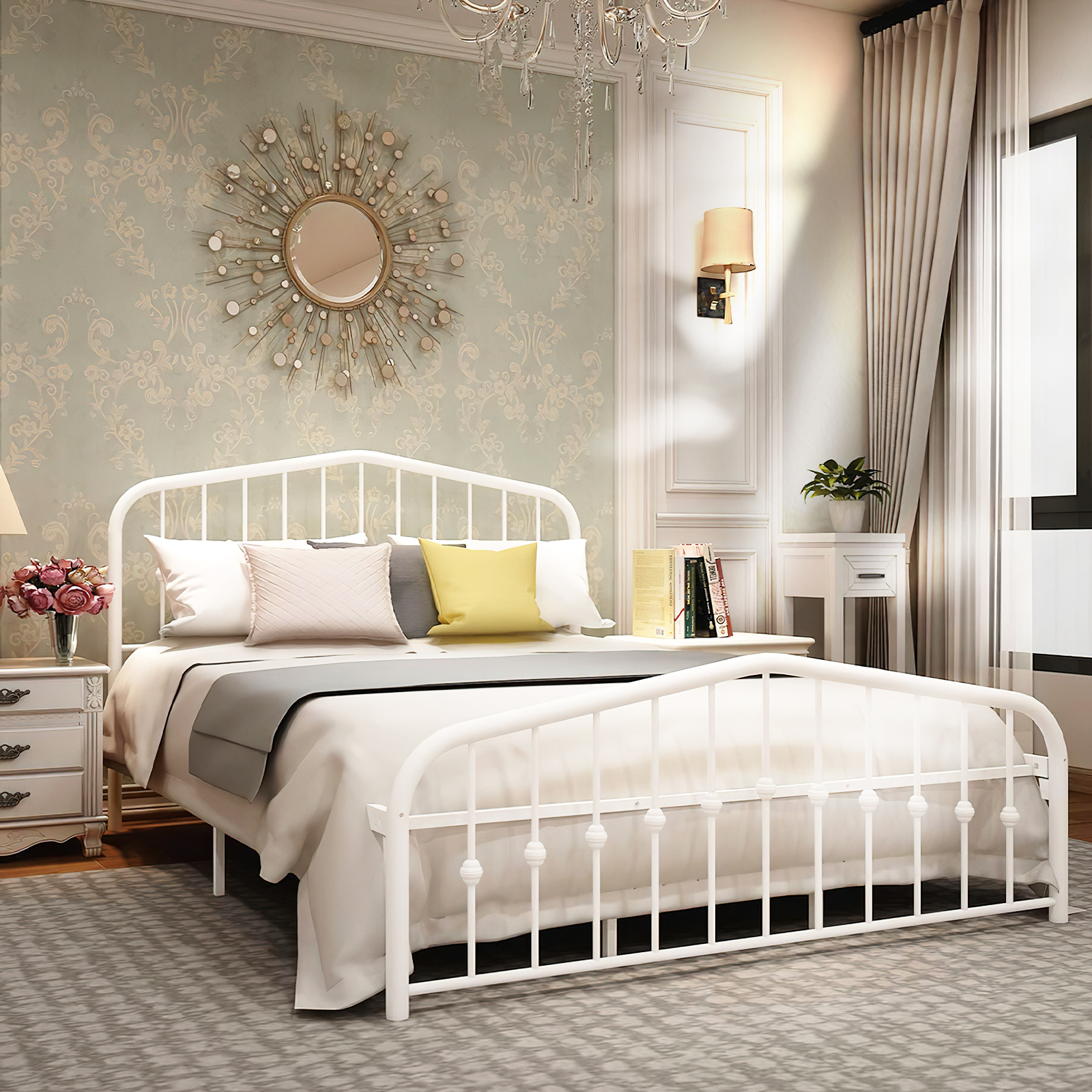 Queen Size Platform Bed Frame with Vintage Headboard and Footboard