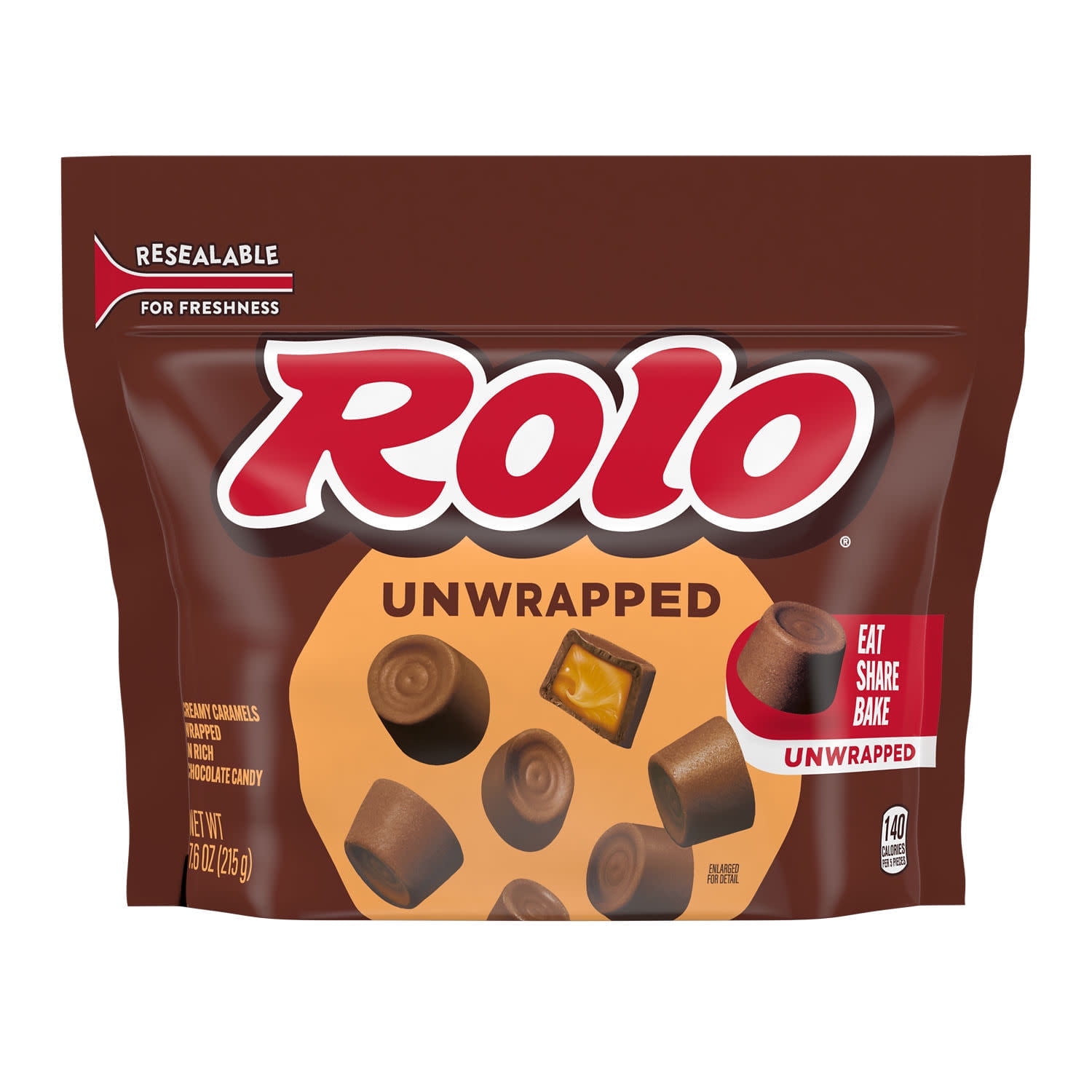 Rolo Unwrapped Rich Chocolate Caramels Candy, Bag 7.6 oz
