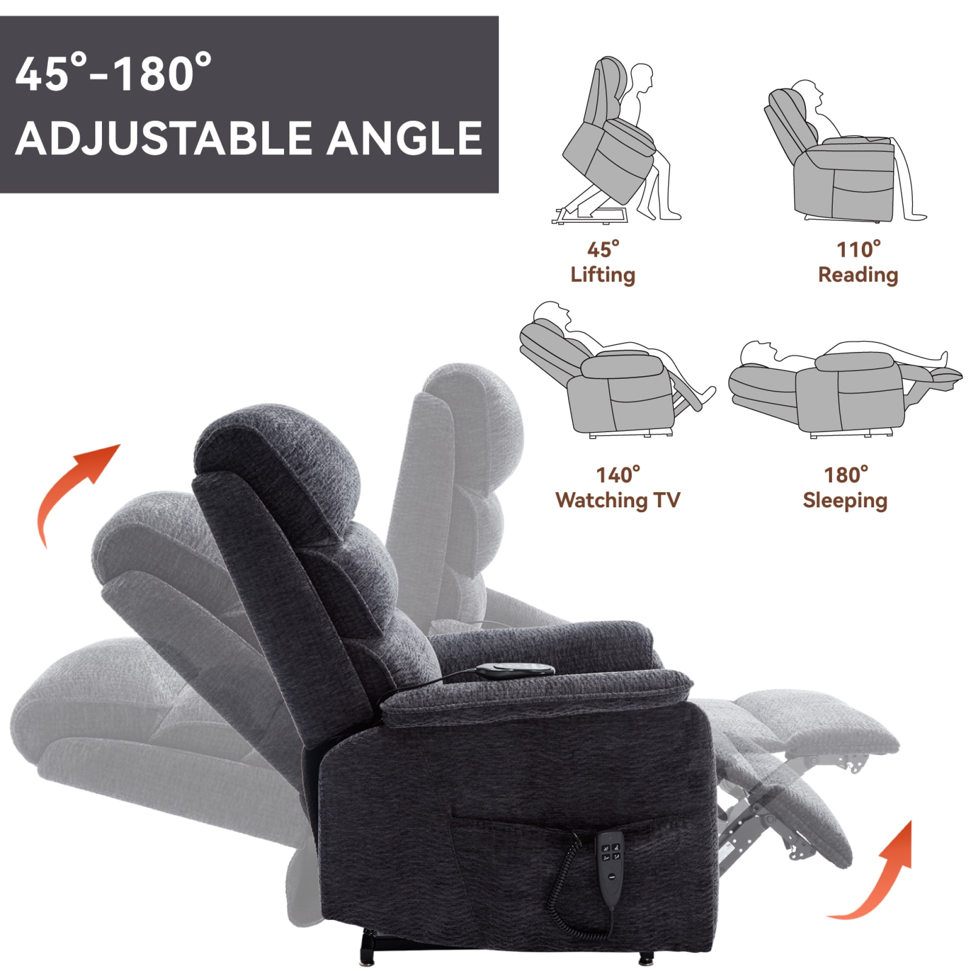 Power Lift Recliner Chair for Elderly, Large Chenille Recliner Chair with Massage and Heat, Overstuffed Wide Recliners with Power-Remote, Up to 350 LBS, Grey