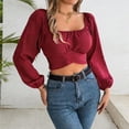 thumbnail image 6 of adaychics Ruched Long Sleeve Crop Top Square Neck Ruched Lantern Long Sleeve Tie Back Crop Top Blouse for Vacation, 6 of 7