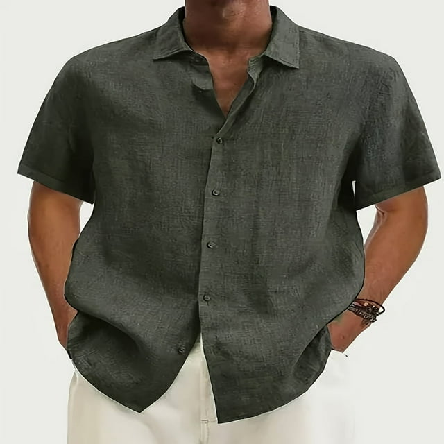 Men‘s Linen Casual Short Sleeve Shirts Button Down Summer Beach Shirt,M Light Blue