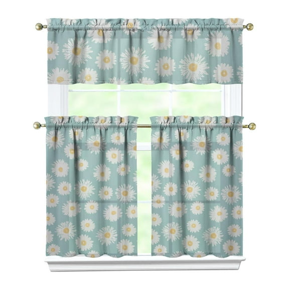 Daisy Print Kitchen Curtains Set of 3 - Floral Boho Tier & Valance, Semi-Sheer Retro Yellow & White Window Treatments for Farmhouse Decor