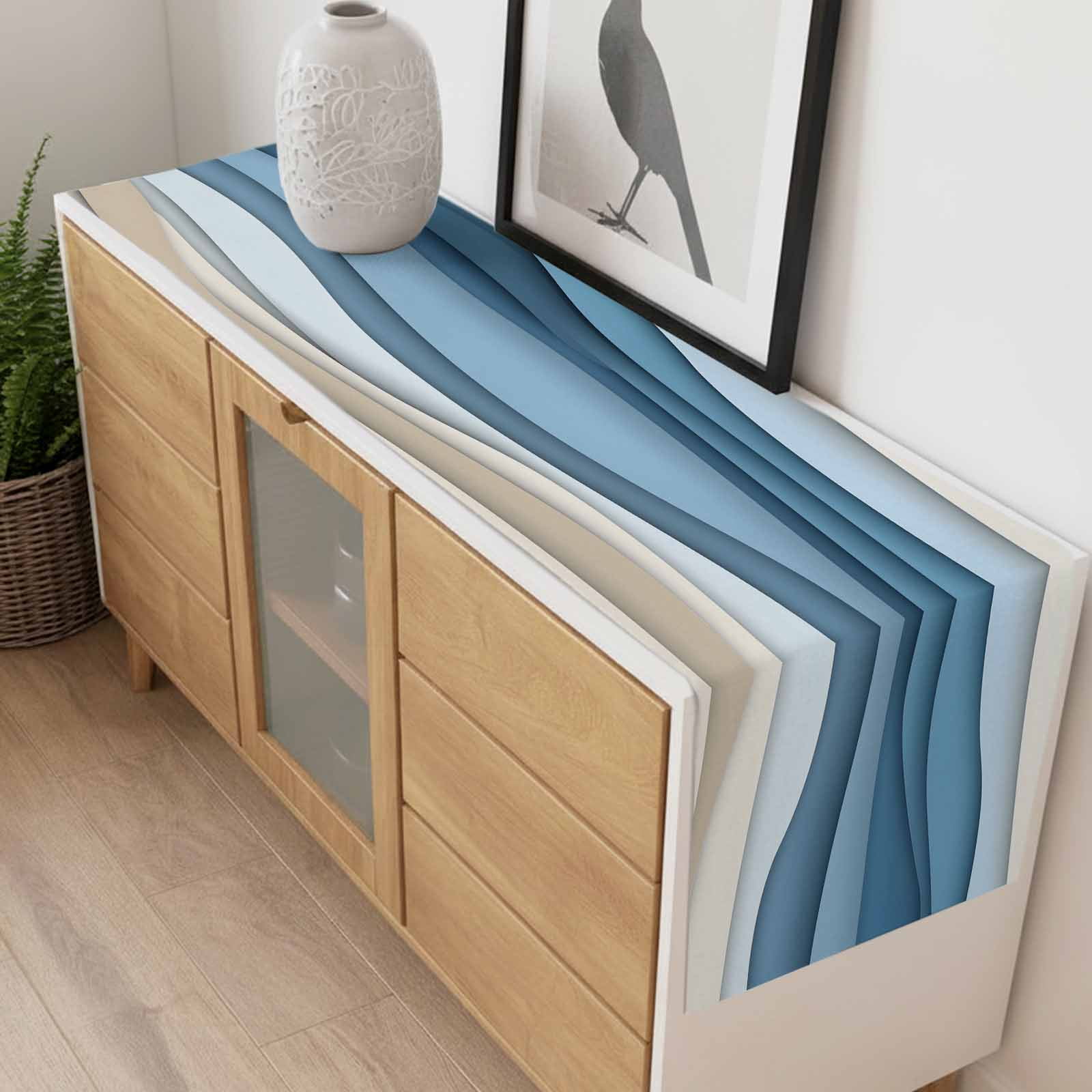 Blue Ombre Table Runner 13x108 inch Abstract Stripe Ocean Wave Geometric Modern Art Cotton Linen Dining Table Runner Ideal for Dresser Kitchen Coffee Tables - Machine Washable