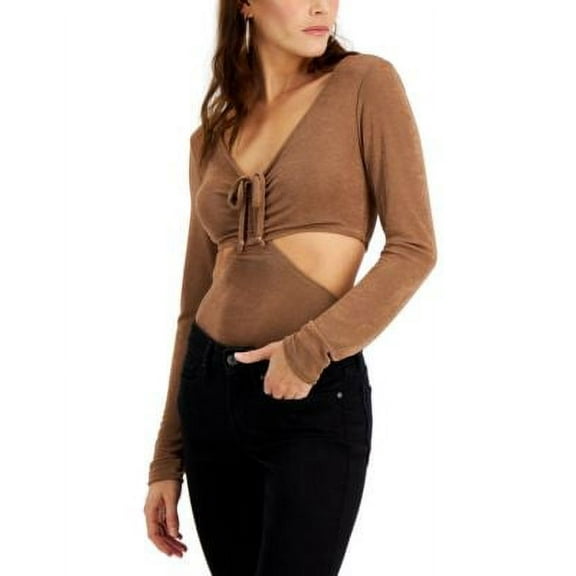 MSRP $34 Just Polly Juniors' Long-Sleeve Cutout Bodysuit Saddle Size Medium