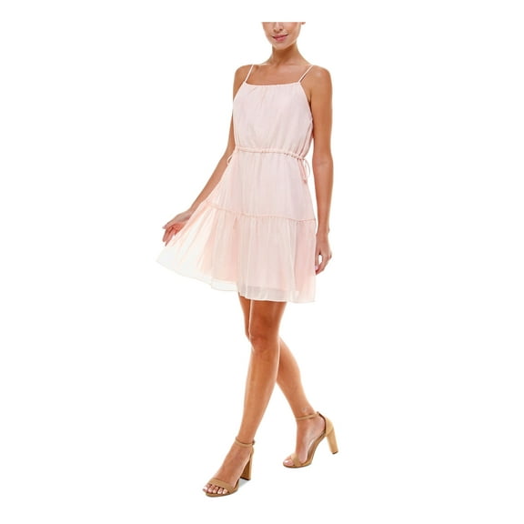 Q A LOS ANGELES Womens Pink Stretch Sheer Tie Adjustable Tiered Drawstring Spaghetti Strap Square Neck Short Party Fit   Flare Dress XL