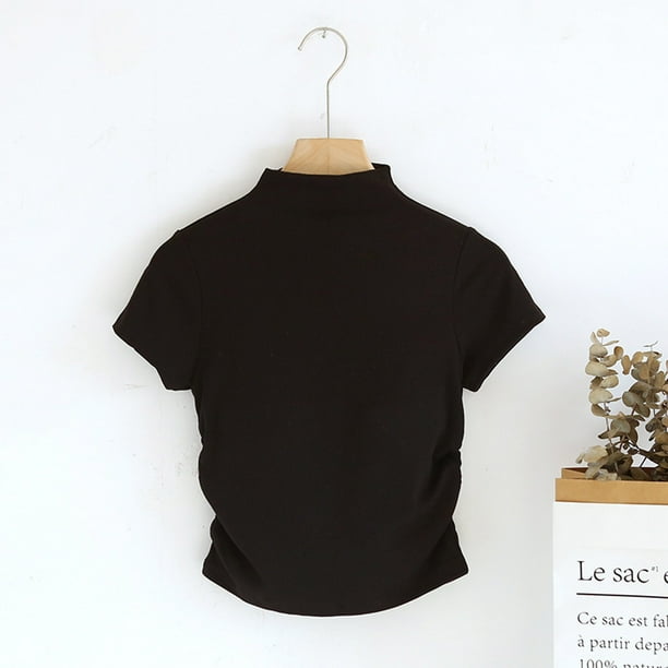 Top de Manga Corta Ajustado Fiudx Color Sólido Informal Mujer con Almohadilla en el Pecho