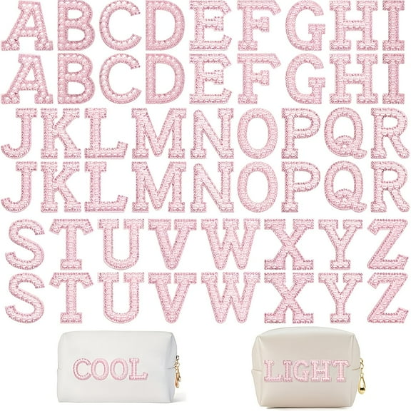 52pcs White Pearl Iron On Patch Pink Letter Patches A-Z Bling Pearl Letter Stickers Glitter Alphabet Appliques Sticker For DIY Clothes Bags Hats Phone Backpacks(White, Pink)