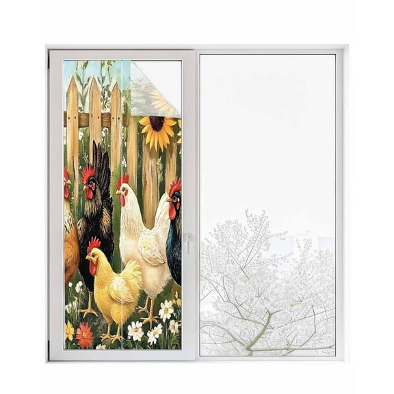 Window Privacy Film Vintage Rooster Stained Glass Window Film Decorative Sun Block Window Cover Farmhouse Watercolor Animals Floral Window Clings Static Adhesive Sticker for Bathroom 23.6"x59"