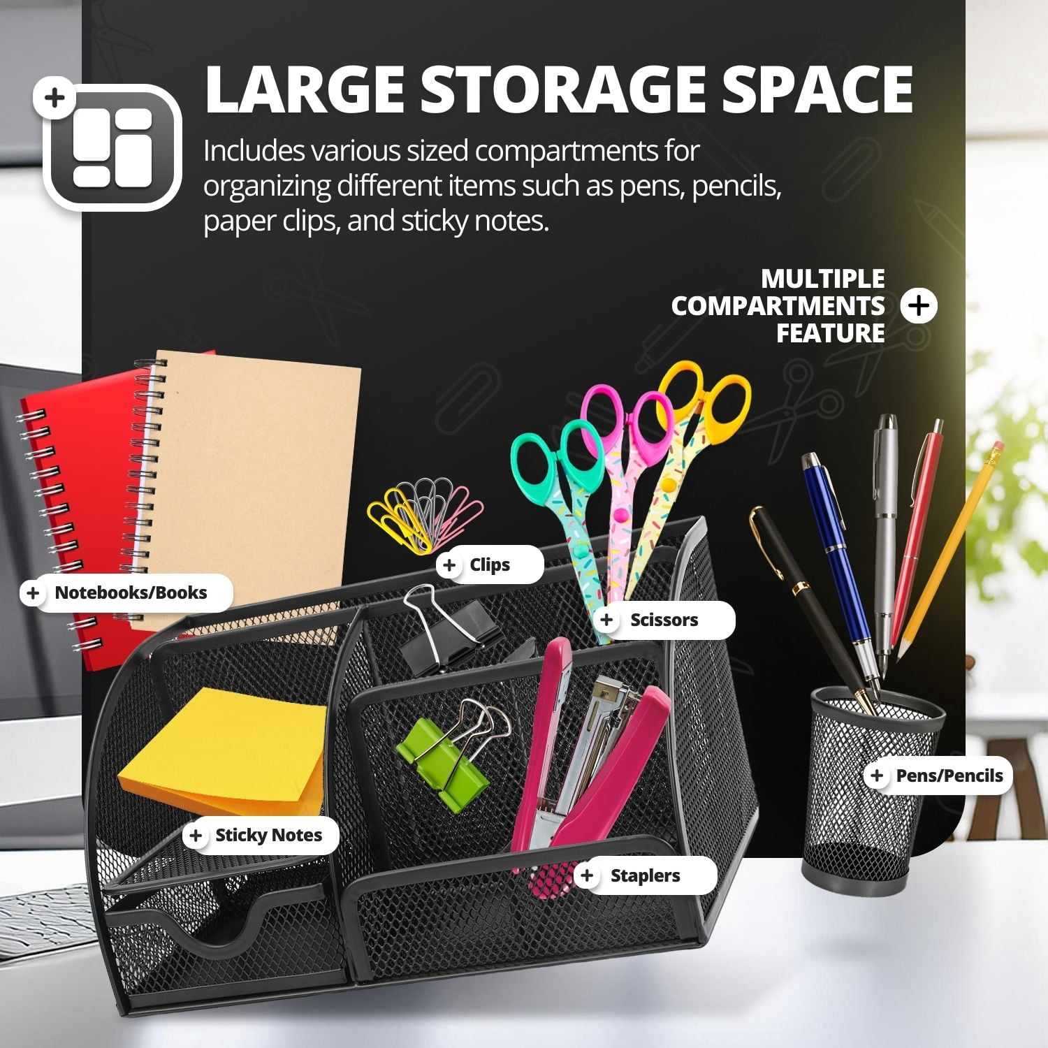 Desk Organizer Accessories Desktop Tabletop Sorter Shelf Pencil Holder Caddy Set (Black)