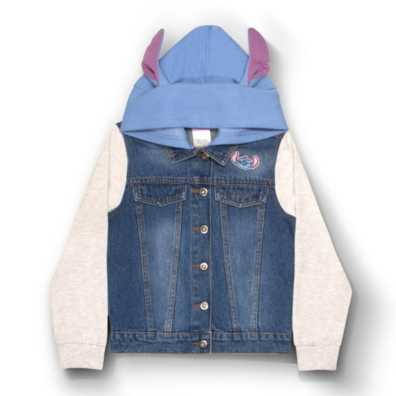 Disney Lilo & Stitch Minnie Mouse Girl's Hoodie Jean Jacket with Ears - Fashion Hooded Denim Jacket for Kids (Size 4-12)