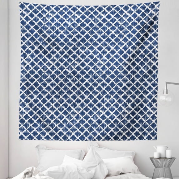 Petrol Blue Tapestry, Hand Drawn Sketchy Like Zig Zag Inner Design with Rectangular Shapes, Fabric Wall Hanging Decor for Bedroom Living Room Dorm, 5 Sizes, Petrol Blue and White, by Ambesonne