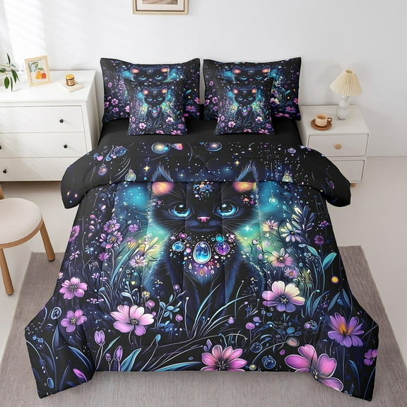 Manfei Chic Kitten Twin Bedding Sets 7pcs,Pink Floral Bedding Comforter Set 7pcs,Neon Diamond Sheet Sets For Girl Boys,Lightweight Bedroom Decor Reversible