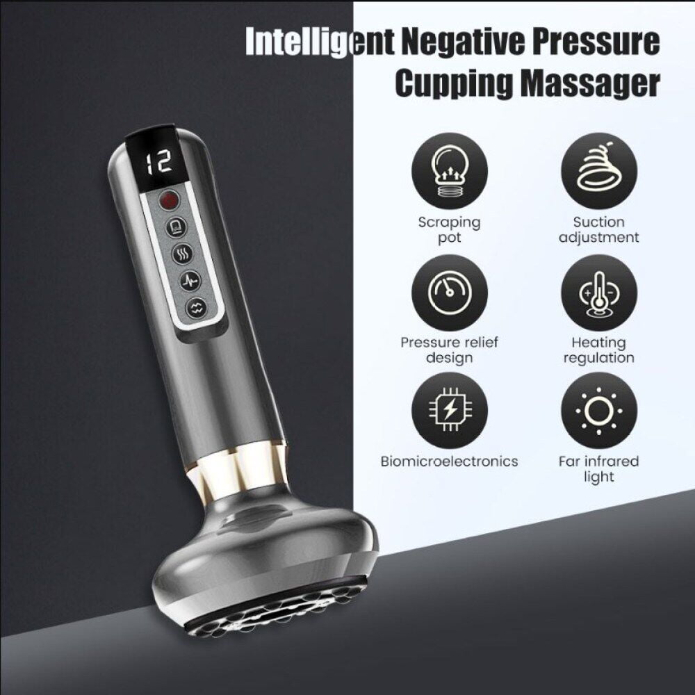 Soapow Electric Cupping Set Gua Sha Device Massage Tool with 12 Modes, 3 in 1 Smart Heating Vacuum Therapy Scraping Machine, Portable Rechargeable Cupping Massage Tool with Steel Balls, Gray