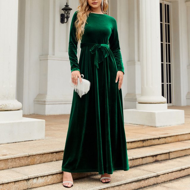 Vestido largo para mujer, cuello redondo, manga larga, cintura alta, correa, color puro, vestido largo para otoño invierno, verde, XXL