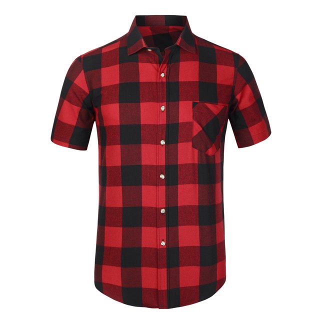 Camisa a cuadros para hombre, manga corta, informal, de corte regular, con botones, cuello en punta, camisas de vestir negro rojo M Unique Bargains Camisa