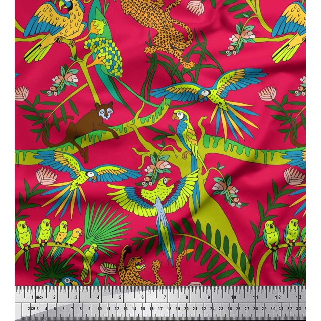 Soimoi Cotton Duck Fabric Branches,Parrot & Leopard Jungle Print Fabric by Yard 42 Inch Wide