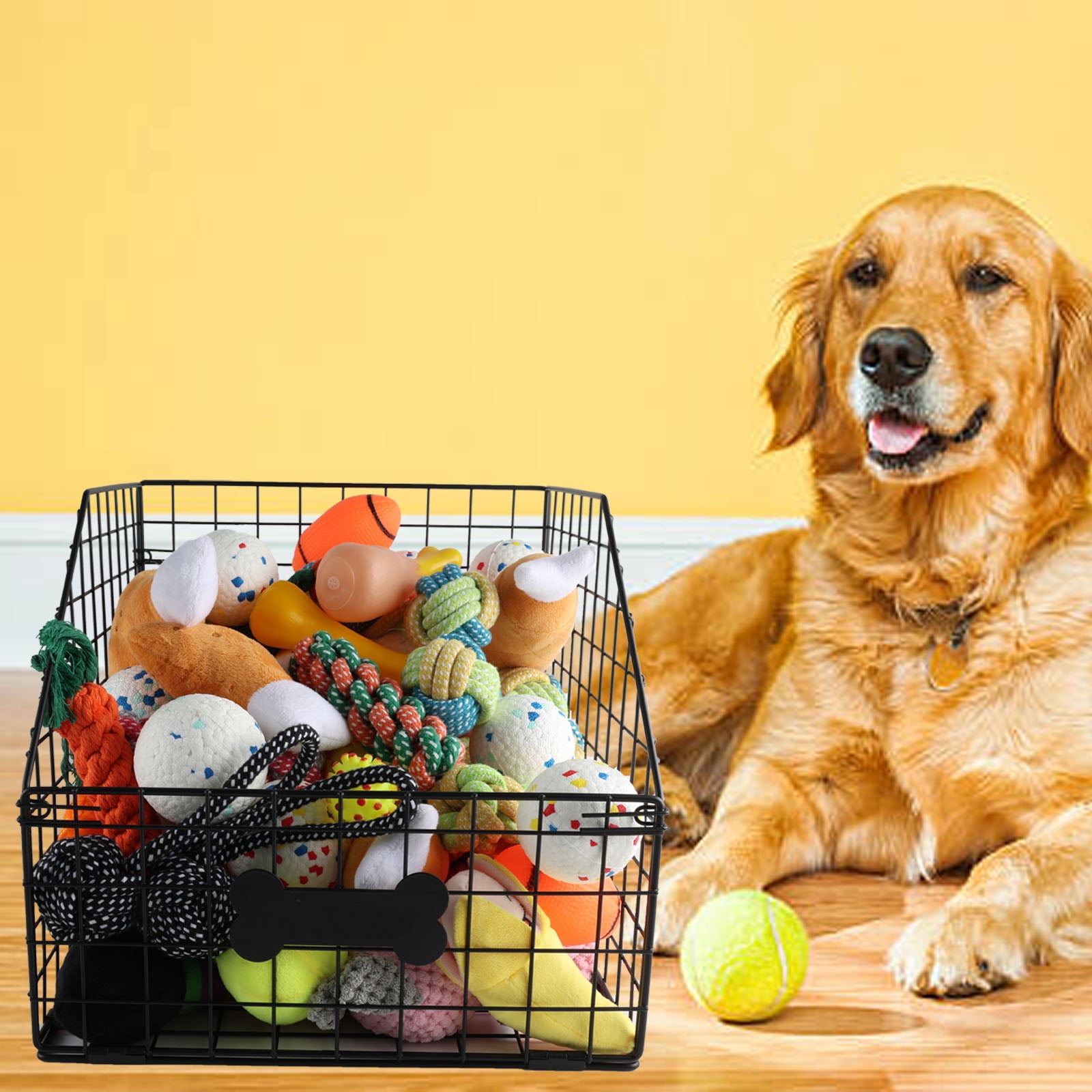 Brabtod Collapsible Metal Wire Pet Toy Storage Basket with Personalized Label, Large Capacity Organizer for Dog & Cat Toys, Blankets, and Supplies