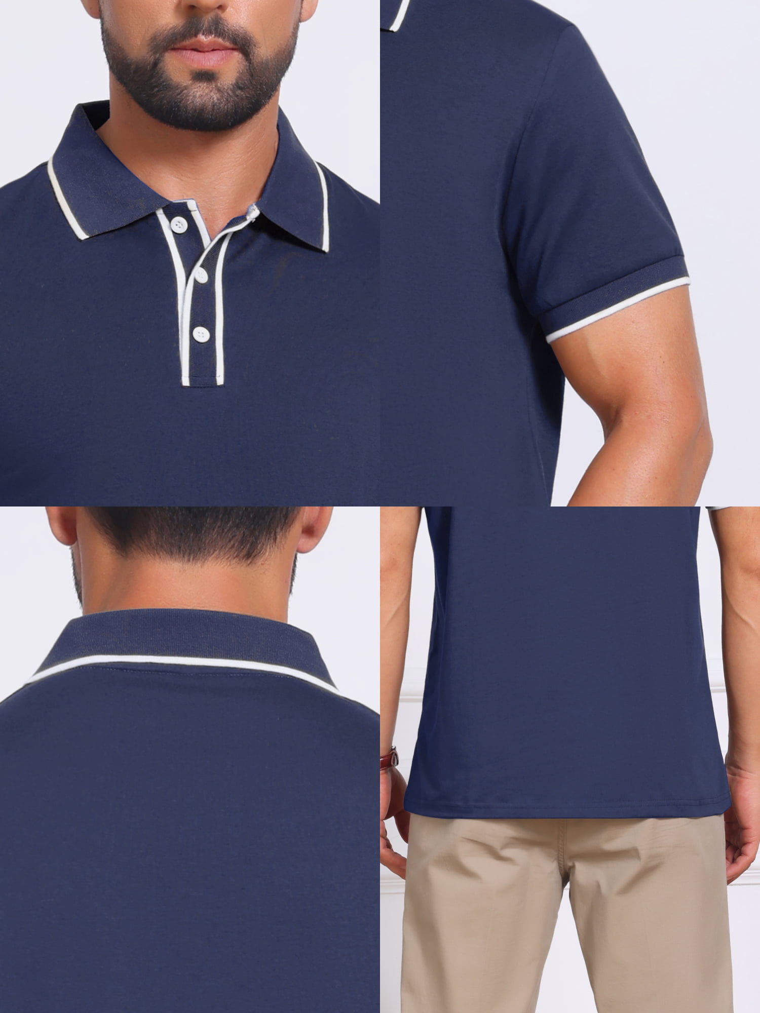 DARING DIVA Men's Contrast Trim Short Sleeve Button Closure Polo Shirts S Navy Blue