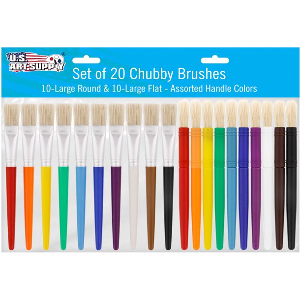 US Art Supply 20 Piece Large Round and Large Flat Hog Bristle Children