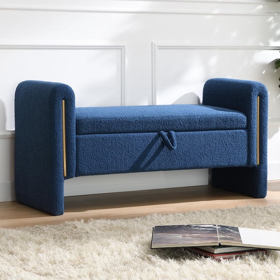 Ideal Holiday Present, Upholstered Storage Ottoman Bench with Armrest, Entryway Bench with Pull Ring, End of Bed Window Bench for Living Room & Bedroom, Blue