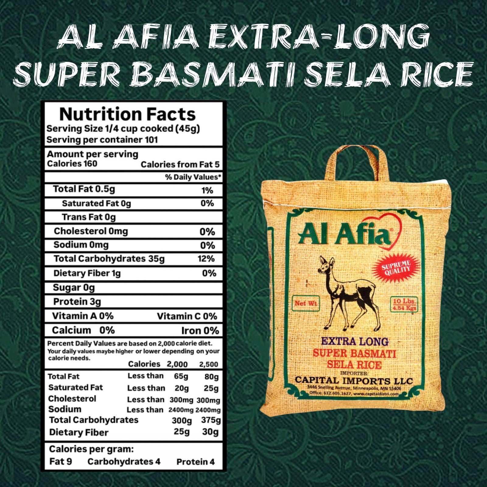 Al Afia Basmati Sela Rice Supreme Quality Extra Long , 10 lb (4.54 kg), Non GMO, Extra Long Basmati Rice, Vegan, Gluten Free, BPA Free, Zip Lock Bag, Dried Grains, Fresh White Rice