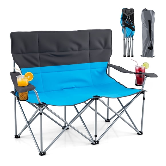 Gymax Double Camping Chair w/Carry Bag 2 Cup Holders Premium Oxford Fabric for Lawn Blue & Gray