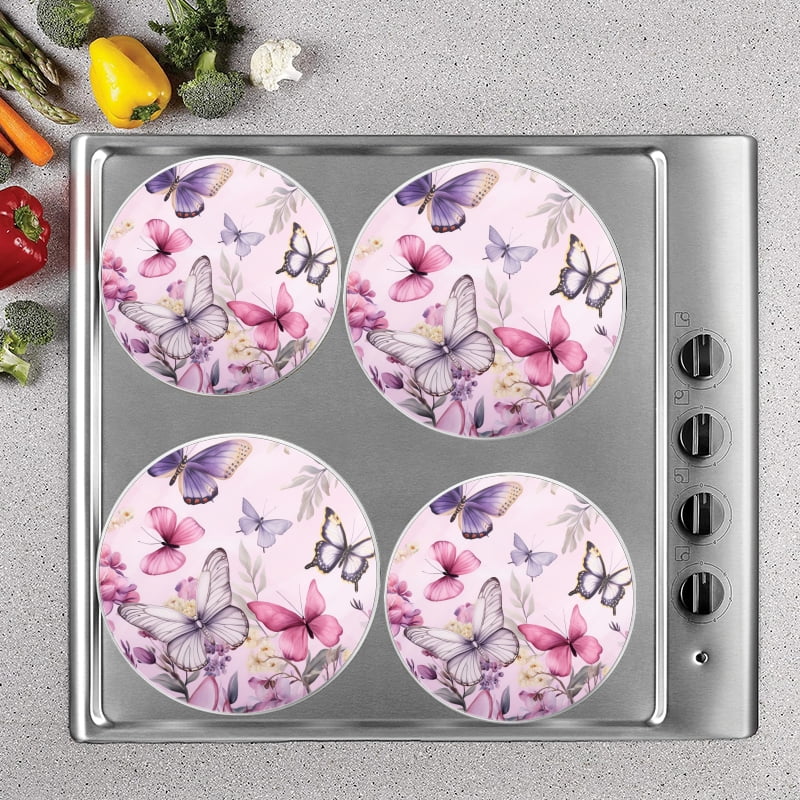 Bahomeck Electric Stove Burner Covers Set Of 4,Lavender Butterflies Flying Among Flowers Metal Gas Stove Burner Covers,Protecting Gas Stoves,8 Inch And 10 Inch