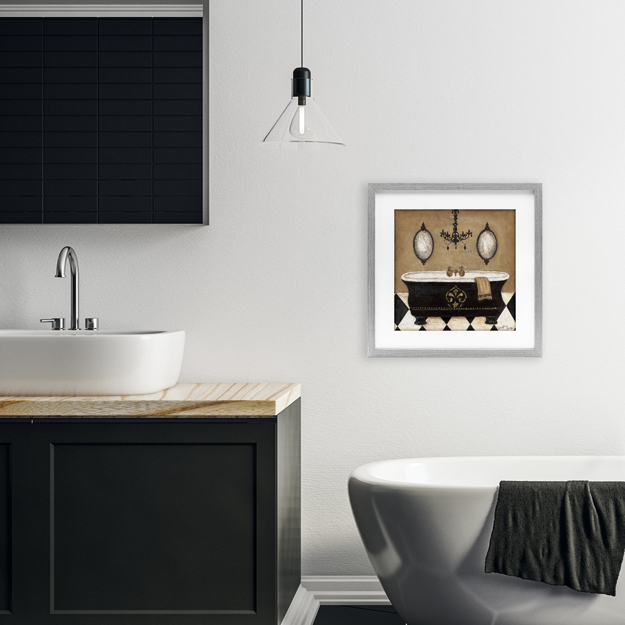 Stupell Industries Elegant Bathtub & Chandelier Gray Framed Print Under Glass, design by Janet Tava