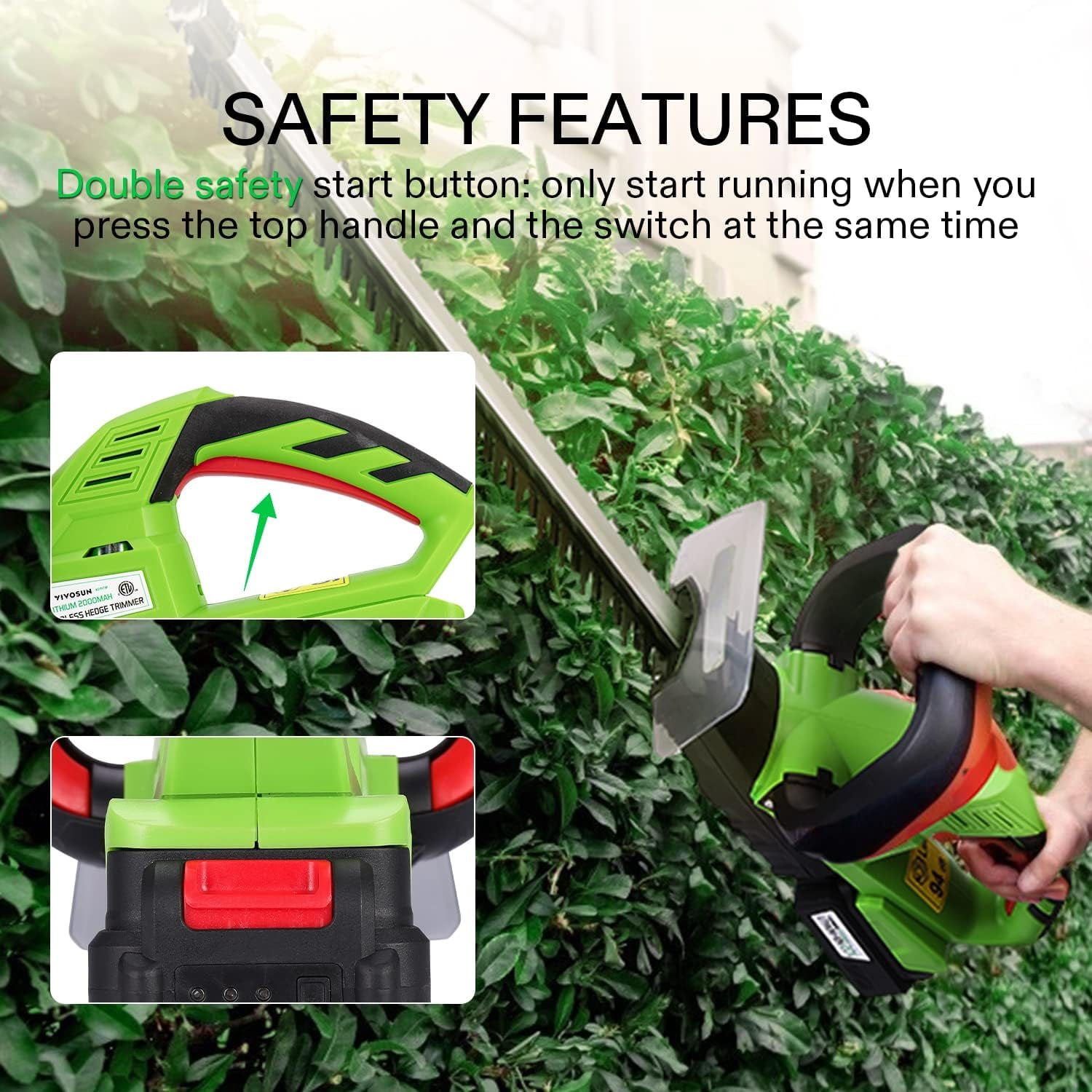 20 Inch Cordless Hedge Trimmer with Dual-Action Blade and 2 Batteries for Garden Shrub Pruning